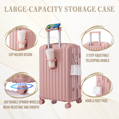 US Local 20 24 28 3 Pcs Set In ABS Spinner Wheel Luggage, Carry On Suitcase, With Cup Holder & USB Port Phone Holder