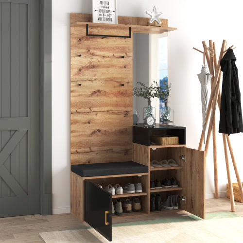 UK Local Wardrobe Set, With 4 Coat Hooks, Mirror, Shoe Cabinet, Wall-mounted Coat Rack, Upper Storage Shelf, Hallway Wardrobe With Bench Seat.