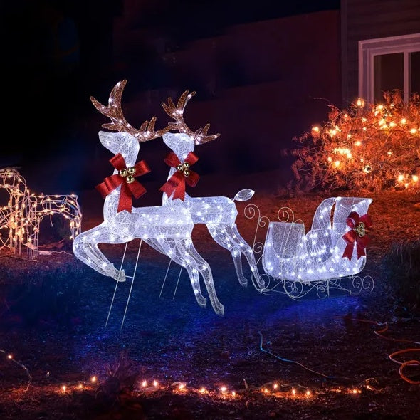 US Local 3-Piece Lighted Set Of 2 Reindeer & Sleigh, Weather Proof Christmas Outdoor Decorations With Pre-lit 270 LED White Lights And Stakes For Xmas Outdoor Holiday Indoor Decor Lighted Holiday Displays, Whi