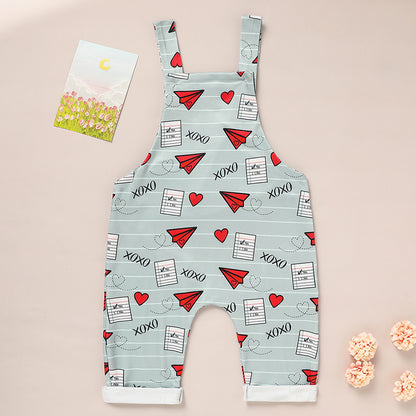 US Local Baby Boy Girl's Casual Heart Pattern Jumpsuit, Paper Airplane Heart Xoxo Trendy Overalls, Valentine's Day Coming Home Outfit