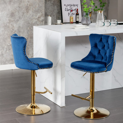 US Local Golden Swivel Velvet Barstools Adjusatble Seat Height From 25-33 Inch Blue,Set Of 2