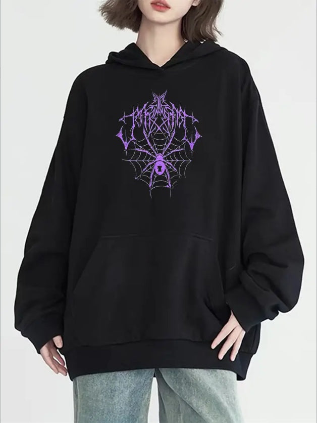 Women's Halloween Spider Web Graphic Hoodie With Kangaroo Pocket - Casual Long Sleeve Pullover, Machine Washable