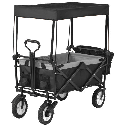 UK Local Garden Cart With Romovable Canopy, Foldable Trolley Wagon 4 Wheels Front Cup Holder Cooler Bag Push Pull Handle Hand Truck Black