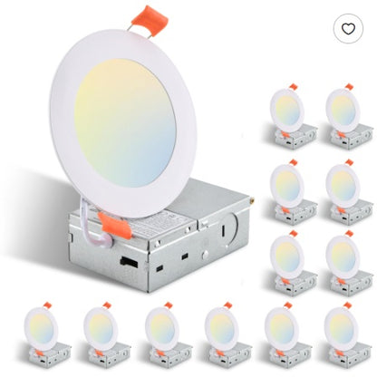 US Local 12-Pack 4 Inch Ultra-Thin LED Recessed Ceiling Light With Junction Box, 2700K-5000K Dimmable Color Changing Downlight, 9W 810LM, Easy Install, Ideal For Kitchen, Bedroom, Basement
