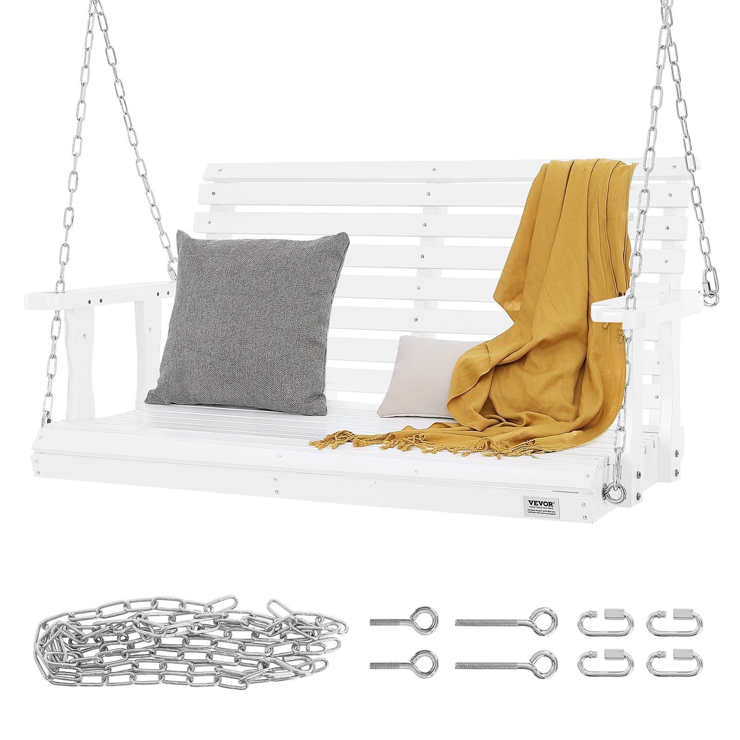 US Local VEVOR Wooden Porch Swing 4 Ft, Patio Bench Swing For Courtyard & Garden, Upgraded 880 Lbs Strong Load Capacity, Heavy Duty Swing Chair Bench With Hanging Chains For Outdoors, White