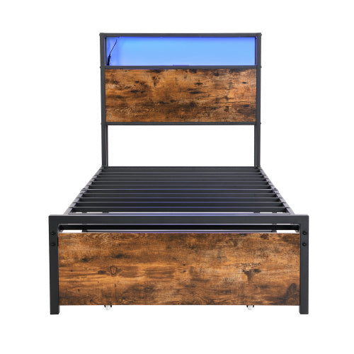 UK Local Metal Bed, 3FT Single Bed 90x190cm, With LED Light Strip And Drawer, 2 USB Port  1 Type C, Durable And Sturdy, Youth Bed, For Adults  Teenagers, Multifunctional Bed, Wrought Iron Bed, Black Walnut