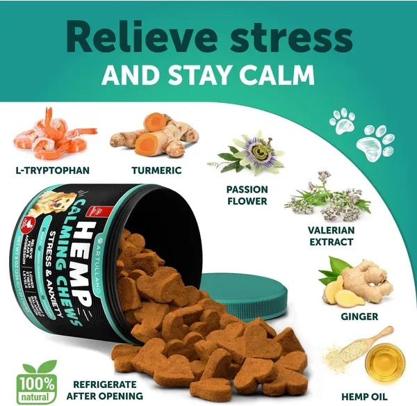 US Local Hemp Calming Chews for Dogs – Anxiety Relief Treats with Hemp Oil, Turmeric & Valerian Root | Ginger Support for Digestion | Hip & Joint Wellness | 120 Soft Chews