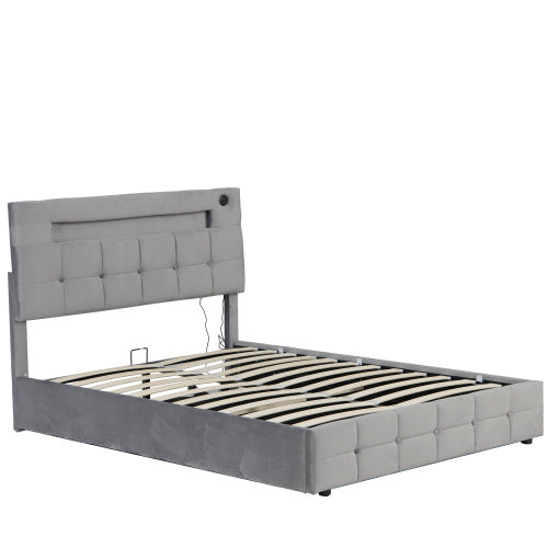 UK Local 4ft6 Double Upholstered Bed Frame With Hydraulic Storage, Velvet Ottoman Bed With LED Lighting And Charging Station, Double Bed With Adjustable Button Tufted Headboard, Beige