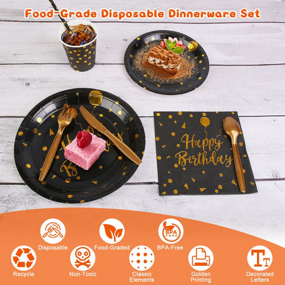 US Local 201 PCS Black Gold Birthday Party Supplies For 25 Guests Happy Birthday Disposable Dinnerware Set Paper Plates 9OZ Cups Straws Napkins Forks Knives Spoons Tablecloth