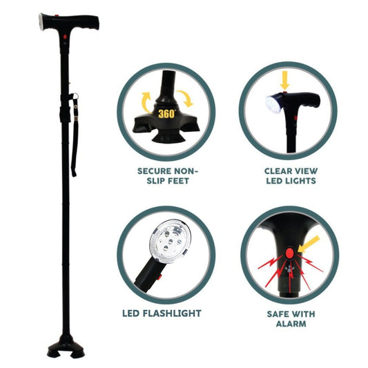 UK Local Adjustable Walking Stick Cane With LED Flashlight SOS Alarm Button For Senior Travel Hiking Trekking Pole Folding Crutch Handle Strap 5 Gears