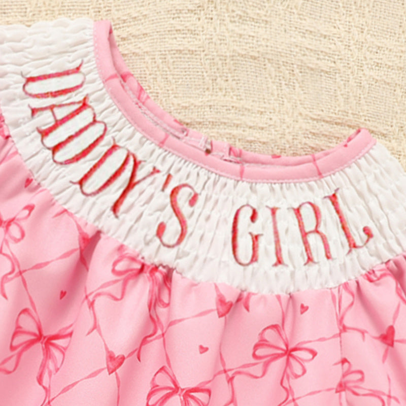 US Local Baby Girl's Bowknot Graphic Print Romper, Daddy's Girl Letter Print Triangle Jumpsuit With Bubble Sleeves