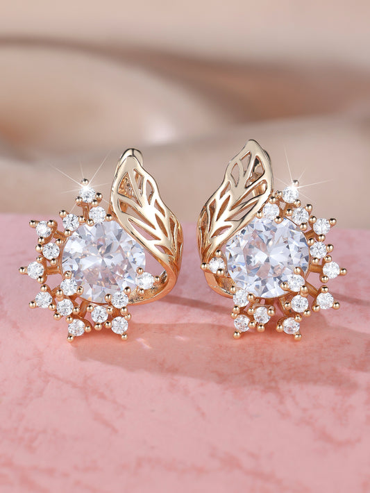 Round Flowers Feather Zircon Earrings Female Personality Fashion High Sense