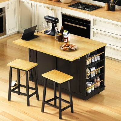 US Local Large Kitchen Island With 2 Bar Stools, Power Outlet, Door Internal Storage Rack, Kitchen Storage Cart On 5 Wheels With Drop Leaf, 5 Open Side Racks, 2 Drawers,for Kitchen,Dining Room