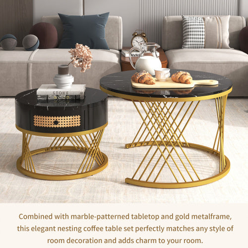 UK Local 2 In 1 Round Coffee Table Made Of MDF With Marble Grain Veneer Top, Rattan Drawers And Solid Wood Handles. Gold Coloured Iron Legs. 70x70x45.5  50x50x38.5cm
