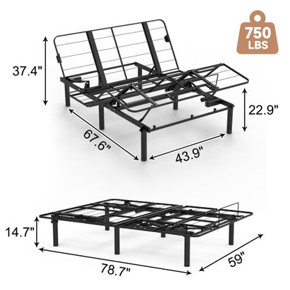 US Local Zero Clearance Adjustable Bed Base Frame Head And Foot Incline Quiet Motor Queen Size Zero Gravity, Dual USB A C Ports