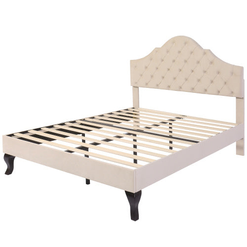 UK Local Upholstered Bed With Slatted Frame And Headboard, 4ft6 Double Bed,135x190,Upholstered Bed With Height-adjustable Headboard, Youth Bed, Wooden Slat Support, Easy Assembly, Velvet, Beige