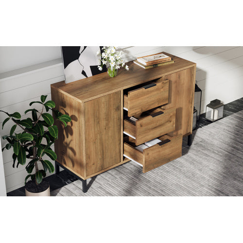 UK Local Sideboard Cabinet For Living Room, Chest Of Drawers With With 2 Doors And 3 Drawers, Adjustable Shelf, Dark Oak, 40D X 120W X 76H Centimetres