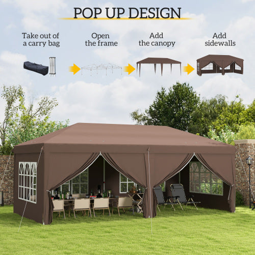 UK Local Outsunny 3 X 6 M Pop Up Gazebo With Sides And Windows, Height Adjustable Wedding Camping Party Tent Canopy Marquee With Storage Bag For Garden, Event, Brown