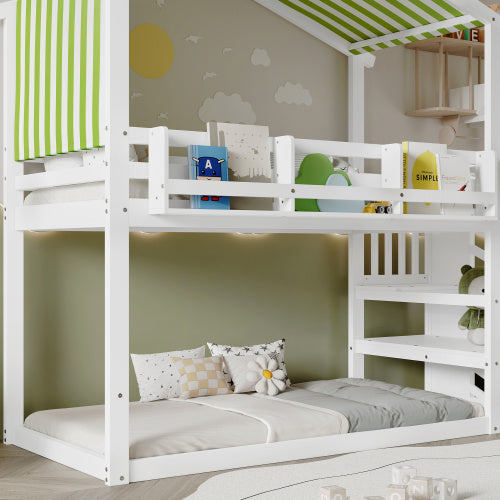 UK Local Bunk Bed, Teen Bed, Children's Bed, 3ft 90x190cm, MDF  Pinewood  Plywood, Decorative Canopy, Corner Staircase, With A Small Picture Bookshelf, White  Green