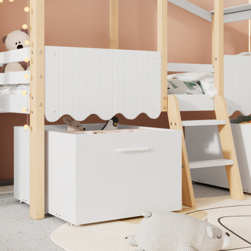UK Local Wooden Bed, Storage Bed , Children's Bed, 3ft Single Bed 90x190cm, Safety Guardrail, Two Storage Boxes With Wheels, Imitation Roof Shape, Pine Wood  Particle Board, WhiteNatural