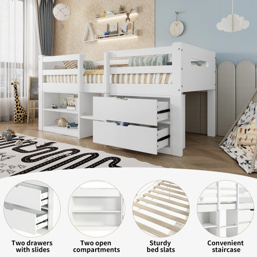 UK Local Wooden Bed, Storage Bed , Children S Bed, 3ft Single Bed 90x190cm, Safety Guardrail, Two Drawers With Slides, Two Storage Compartments, Pine Wood  Particle Board, White