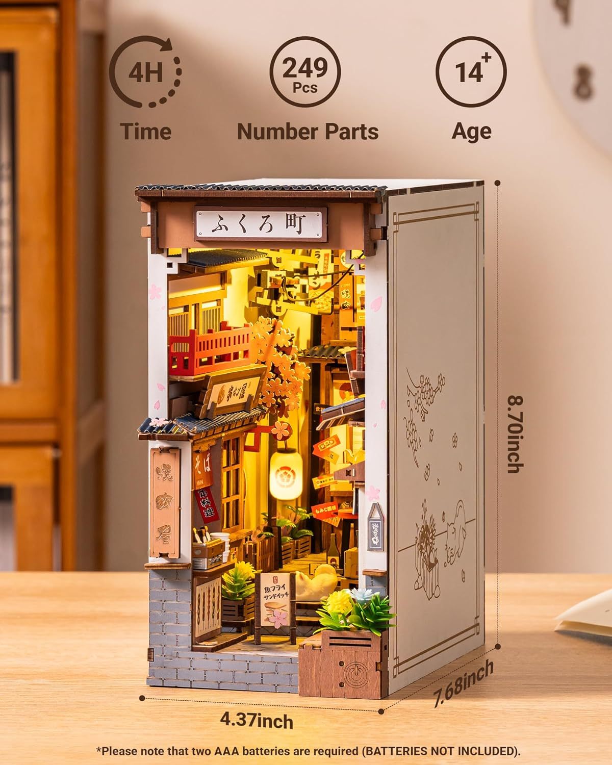 US Local ROBOTIME DIY Book Nook Kit - Sakura Wine Alley With LED Lights, 3D Wooden Miniature Dollhouse Puzzle, Creative Bookend Bookshelf Decor, Unique Gift For Adults