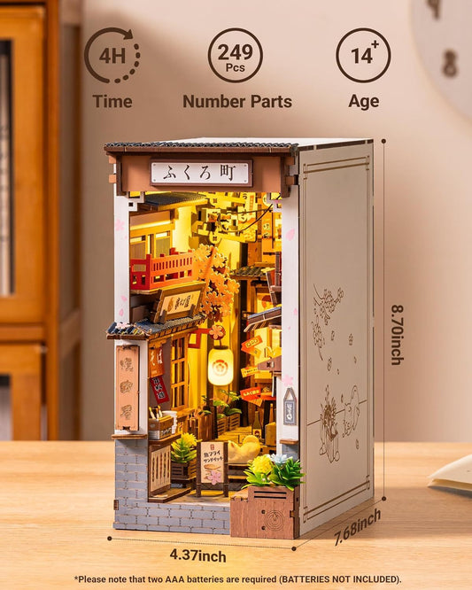 US Local ROBOTIME DIY Book Nook Kit - Sakura Wine Alley With LED Lights, 3D Wooden Miniature Dollhouse Puzzle, Creative Bookend Bookshelf Decor, Unique Gift For Adults