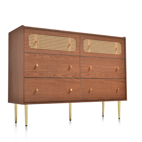 UK Local Rattan Sideboard Cabinet For Living Room, Chest Of Drawers With 6 Drawers, Walnut -40D X 120W X 90H Centimetres