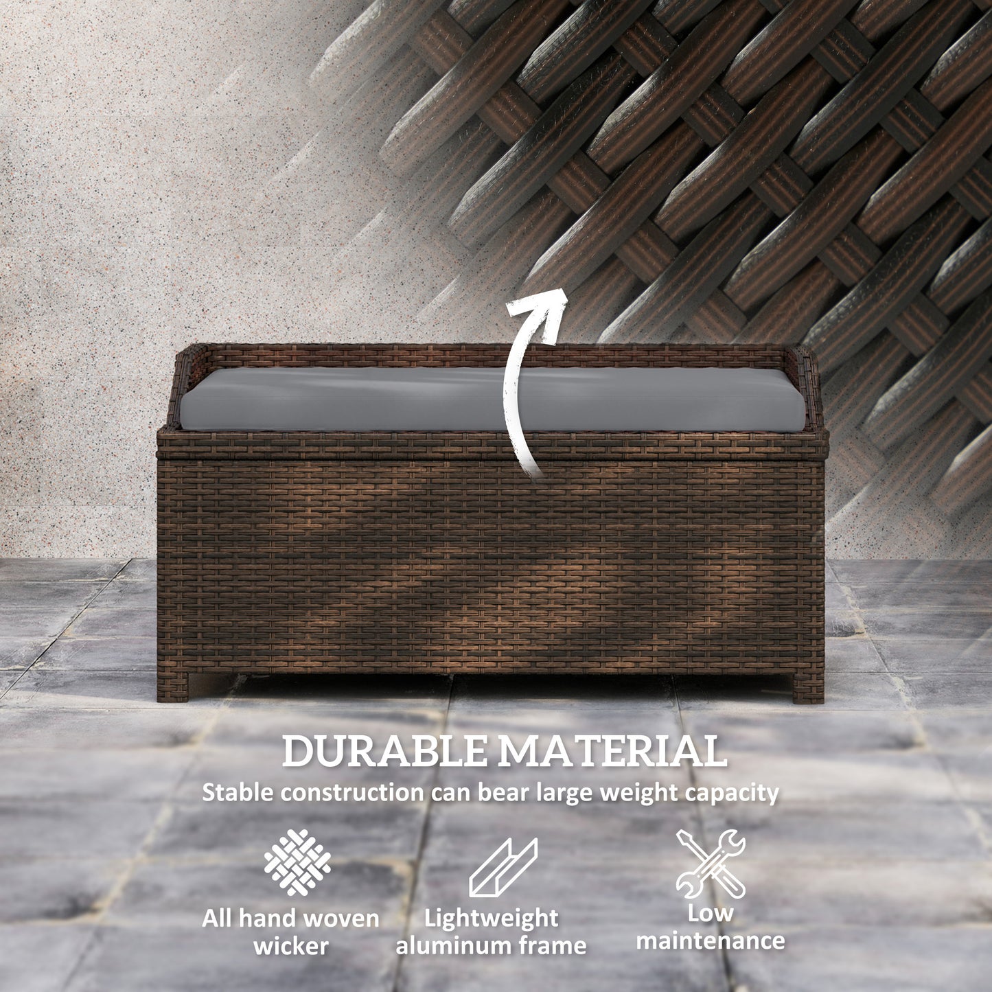 US Local Outdoor Wicker Storage Bench With Storage & Cushion, Gray