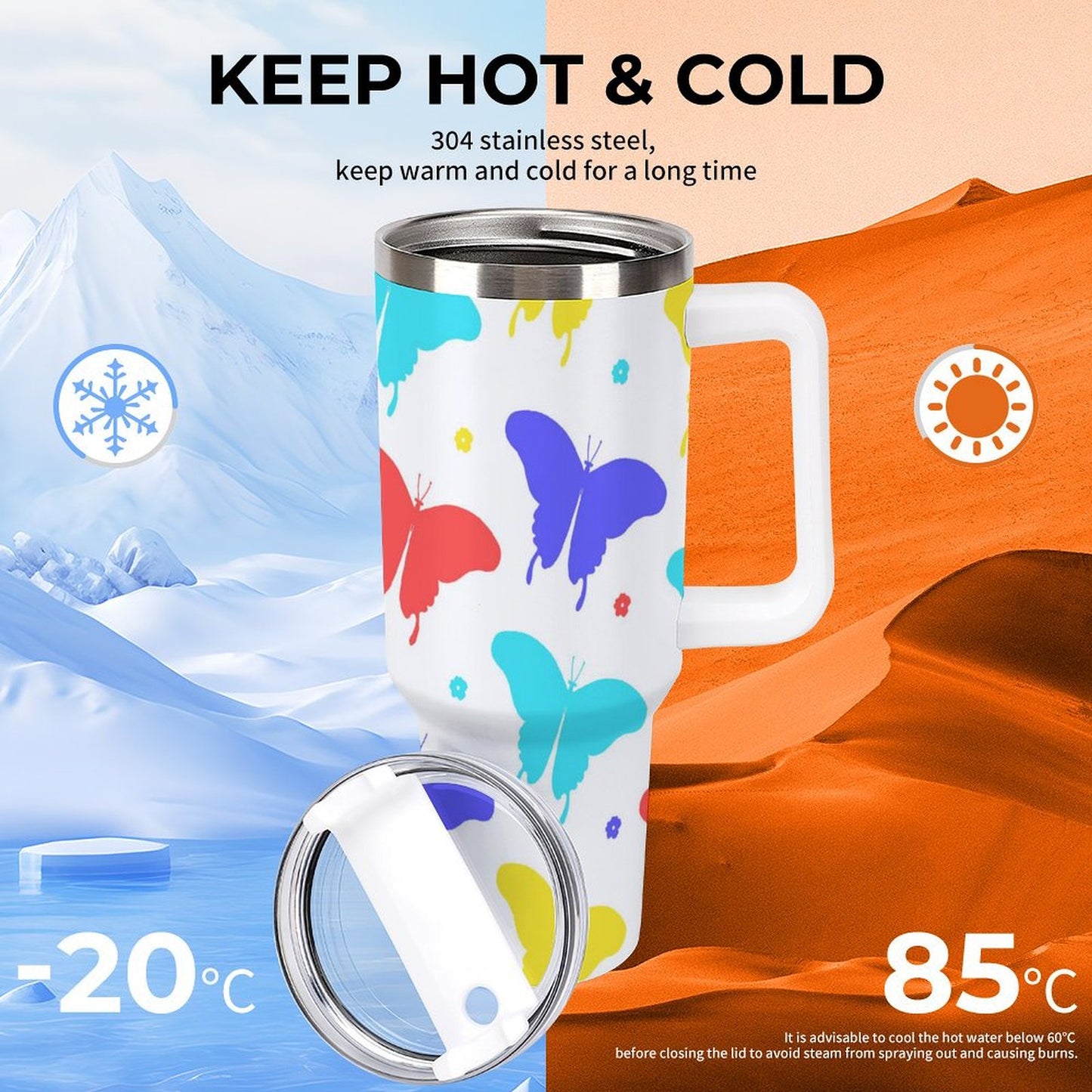 PHDT00495 POD US Local Tumbler 40oz Large Capacity Car Cup Butterfly Red Blue ellow