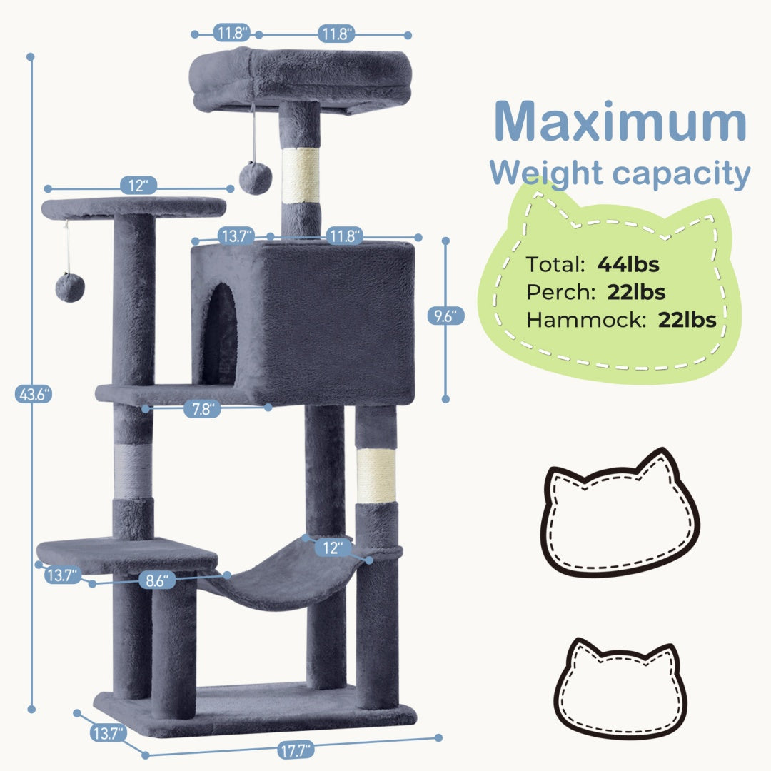 US Local 44 Inch Cat Tree Tower, Multi-Cat Climbing Tower With, Natural Sisal Scratching Posts, Extended Platform, Hammock