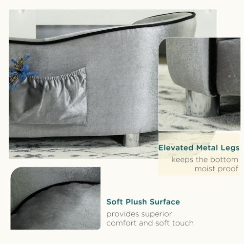 UK Local PawHut Dog Sofa Pet Chair, Kitten Bed Couch W  Wooden Frame, Removable Cushion - Silver-Tone And Grey