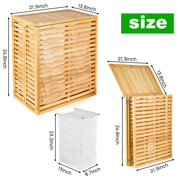 US Local Bamboo Laundry Basket With Lid - Foldable Laundry Basket With 2 Sections Of Removable Lined Pockets For Bathroom, Bedroom And Laundry
