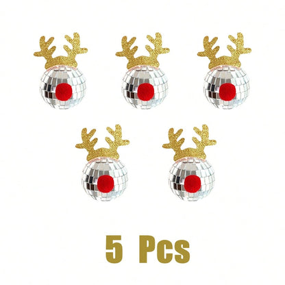 US Local 5 Pcs Disco Mirror Christmas Ball Pendants With Elk Antlers Cute Disco Ball Accessories Car Disco Mirrors Deer Antler Ornament Halloween Props For Xmas Trees Garlands Music Festival Birthday Party Dec