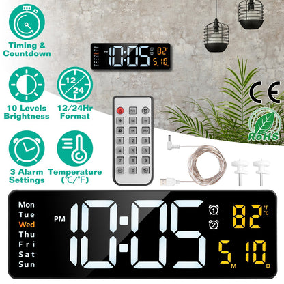 US Local 15.7in LED Digital Wall Clock With Remote Control 10 Level Brightness 3 Alarm Settings 12-24Hr Format Timing Countdown Temperature Calendar Display Decorative Clock For Office Home