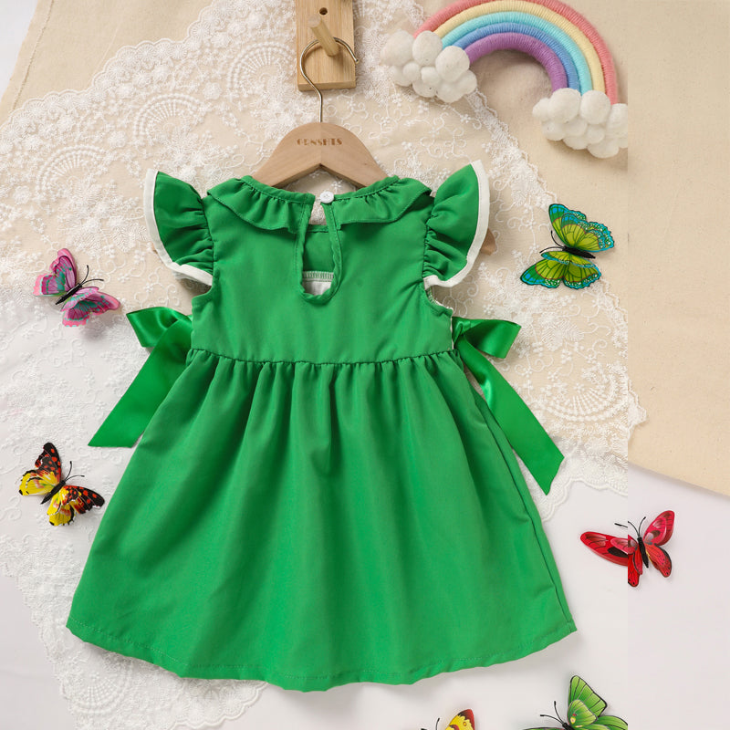 US Local Toddler Girl's Ruffle Sleeve Dress Rainbow Embroidery & Bow Detail With Back Button Closure
