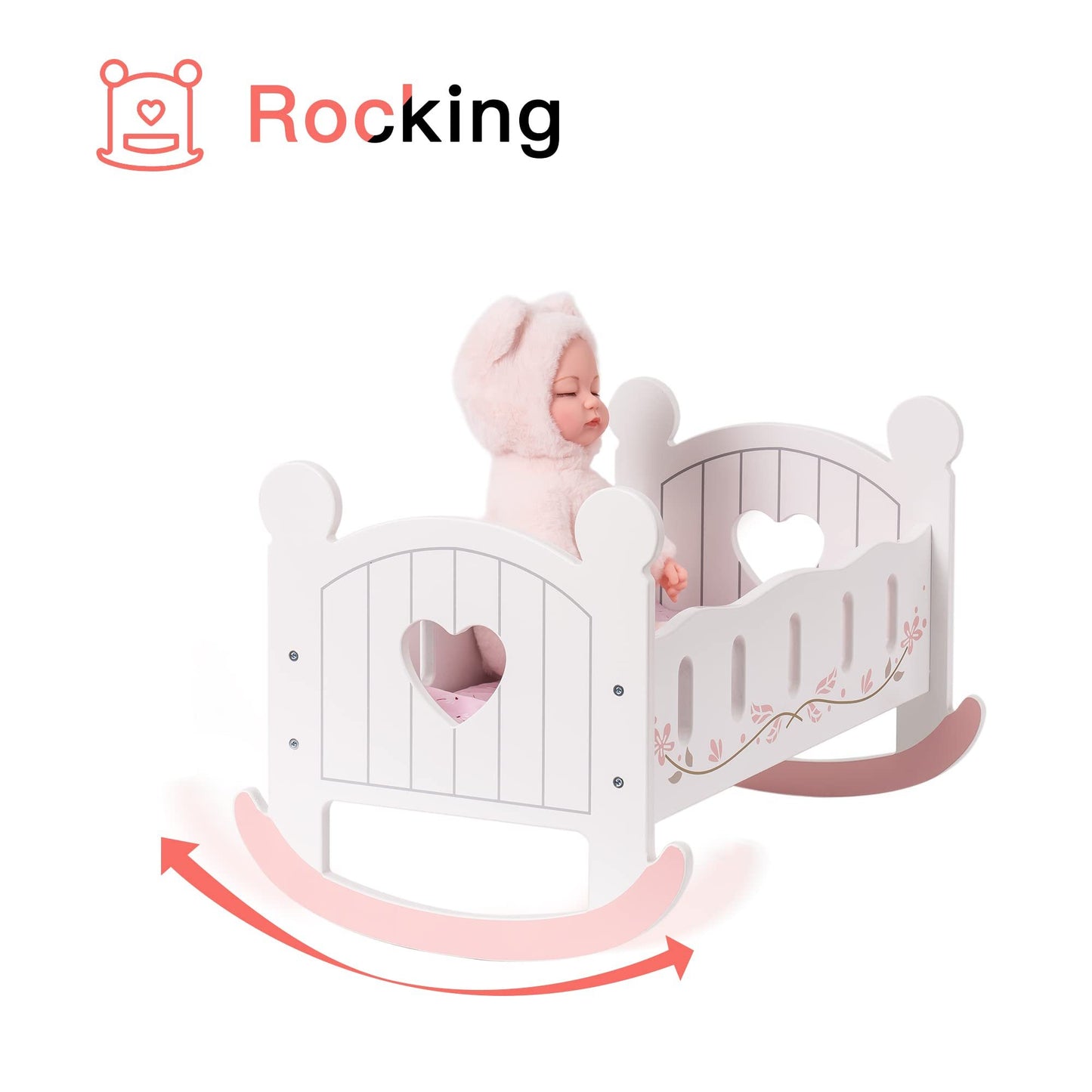 US Local ROBOTIME Wooden Doll Cradle Rocking Baby Doll Crib Reversible Doll Bed For Dolls Girl,Fits Dolls Up To 18 Inches