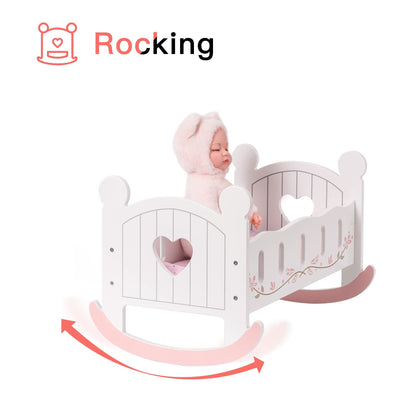 US Local ROBOTIME Wooden Doll Cradle Rocking Baby Doll Crib Reversible Doll Bed For Dolls Girl,Fits Dolls Up To 18 Inches