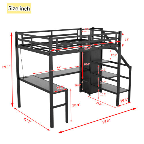 US Local Twin XL Size Loft Bed With L-shaped Desk And USB, Metal Loft Bed With Wardrobe And Adjustable Shelf, High Loft Bed With LED For Kids Teens Adults, Black
