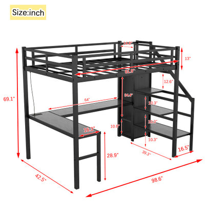 US Local Twin XL Size Loft Bed With L-shaped Desk And USB, Metal Loft Bed With Wardrobe And Adjustable Shelf, High Loft Bed With LED For Kids Teens Adults, Black
