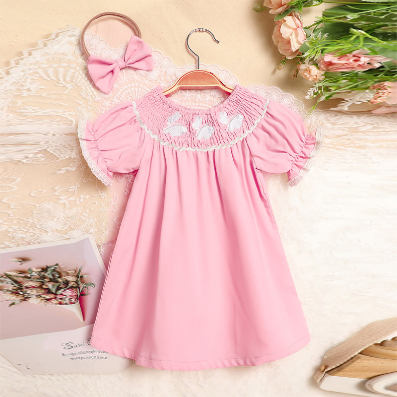 US Local Toddler Girl's Bunny Dress Bow Headband Ruffle Sleeve Smocked Dress With Rabbit Embroidery For Summer