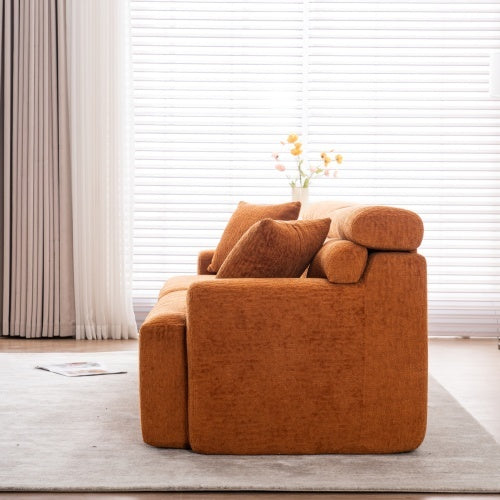 US Local LY-029 ORANGE COMPRESSION SOFA 4-seater Combined Sofa, Wood Grain Chenille Fabric, Full Sponge Compression Sofa,combined Sofa With 2 Pillows For Living  Home Furniture  Apartment
