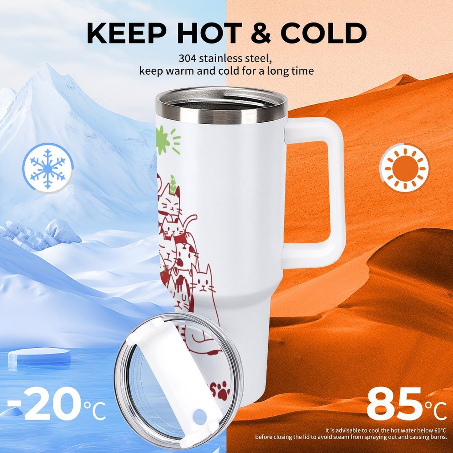 POD US Local 40oz Large Capacity Car Cup, Christmas Tree Cats Stack Red