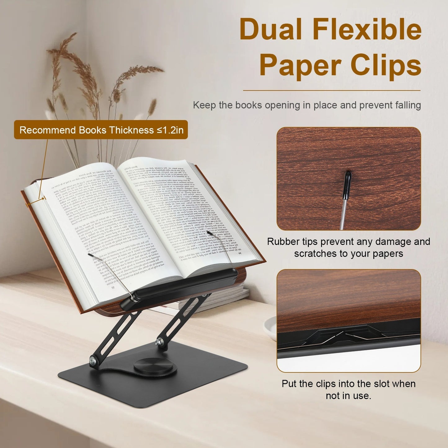 US Local 1Pc Book Stand For Reading Foldable Wood Book Holder Reading Rack Paper Stand With Adjustable Height 360 Degree Rotatable Base Dual Paper Clips For Book Sheet Music Laptop Drawing Tablet