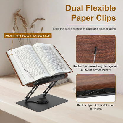 US Local 1Pc Book Stand For Reading Foldable Wood Book Holder Reading Rack Paper Stand With Adjustable Height 360 Degree Rotatable Base Dual Paper Clips For Book Sheet Music Laptop Drawing Tablet
