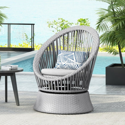 US Local 26.7 Modern Gray Wicker Lounge Chair With Rattan And Iron Frame, Featuring A Stylish Round Design, Perfect For Living Room, Patio, Or Balcony Relaxation