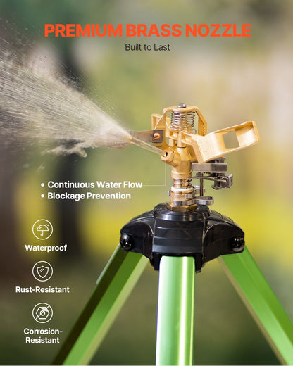 US Local VEVOR Impact Sprinkler On Tripod Base, Heavy Duty Tripod Sprinklers With Brass Head & Connector, 360 Degree Large Area Coverage Irrigation Sprinkler, Adjustable Heights Sprinkler For Yard Green