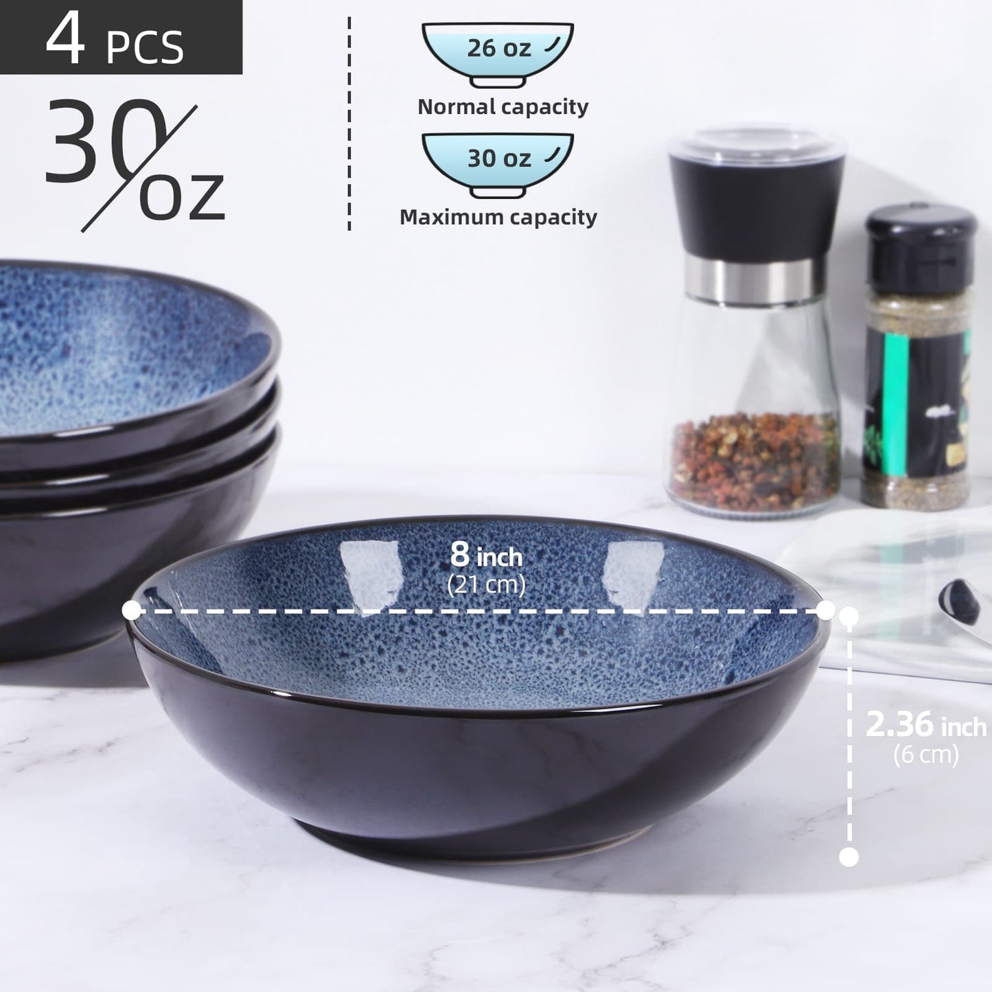 US Local Creative Western Kiln Change Peacock Blue Bowl 30oz Bowl Set Of 4 For Cereal, Salad, Pasta, Soup, Dessert, Serving Dishwasher, Microwave And Oven