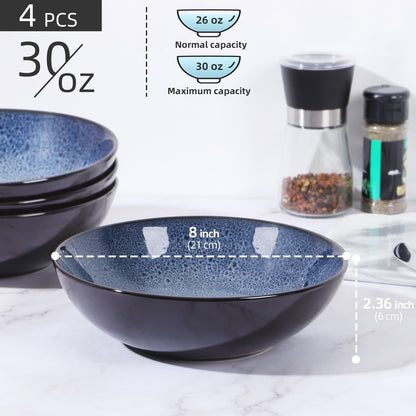 US Local Creative Western Kiln Change Peacock Blue Bowl 30oz Bowl Set Of 4 For Cereal, Salad, Pasta, Soup, Dessert, Serving Dishwasher, Microwave And Oven