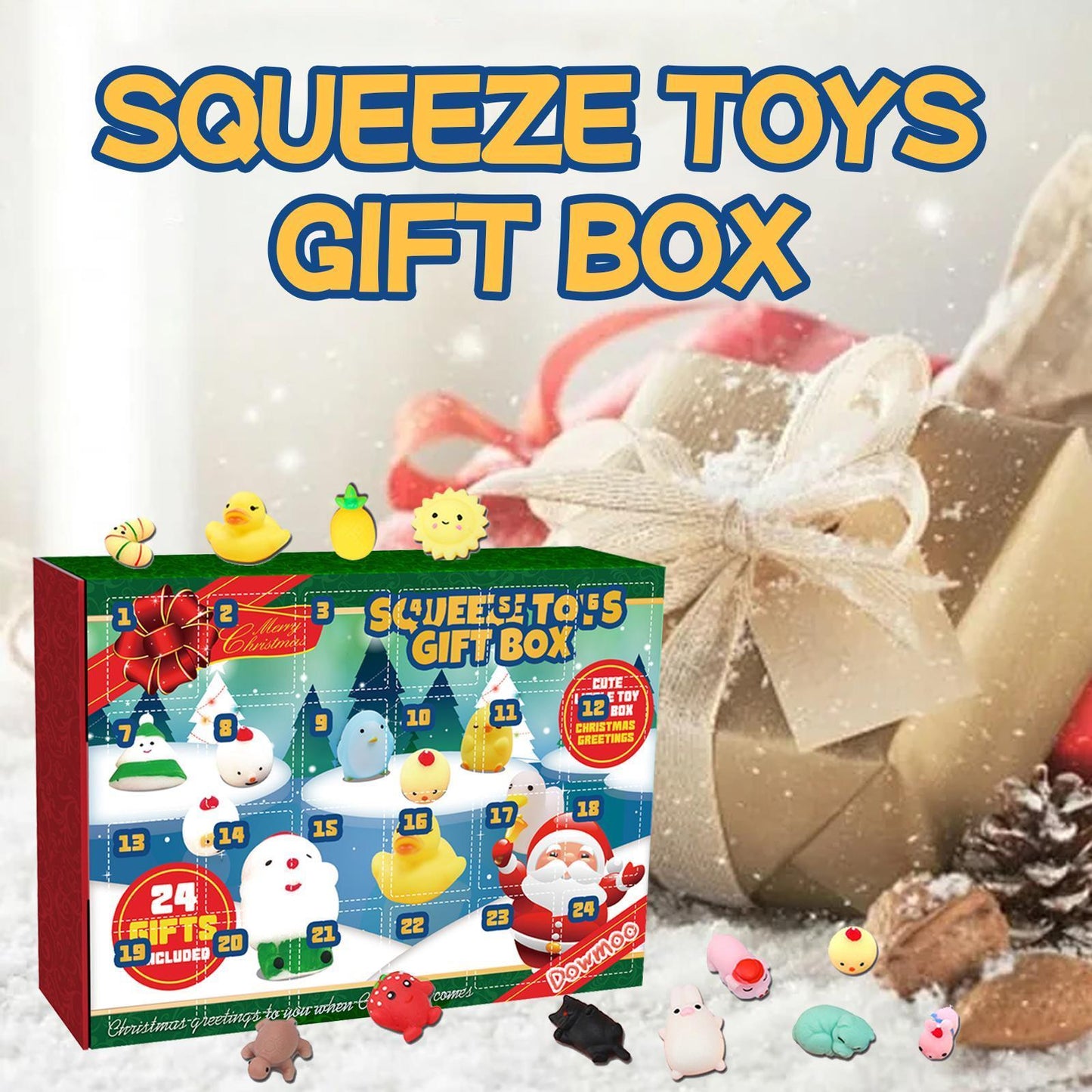 US Local Christmas Squeezable Gift Box, 24-compartment Countdown Blind Box, Squeezeable Cartoon Toy For Stress Relief.